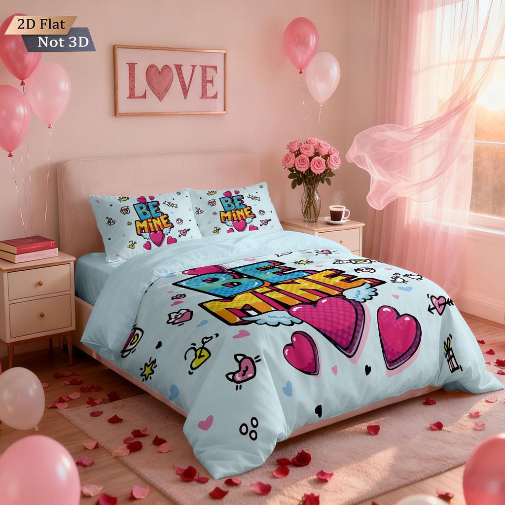 3pcs Valentine's Day Romantic Love Print Coreless Down Quilt Set Comfortable Bedroom Bedding Decoration Machine Washable