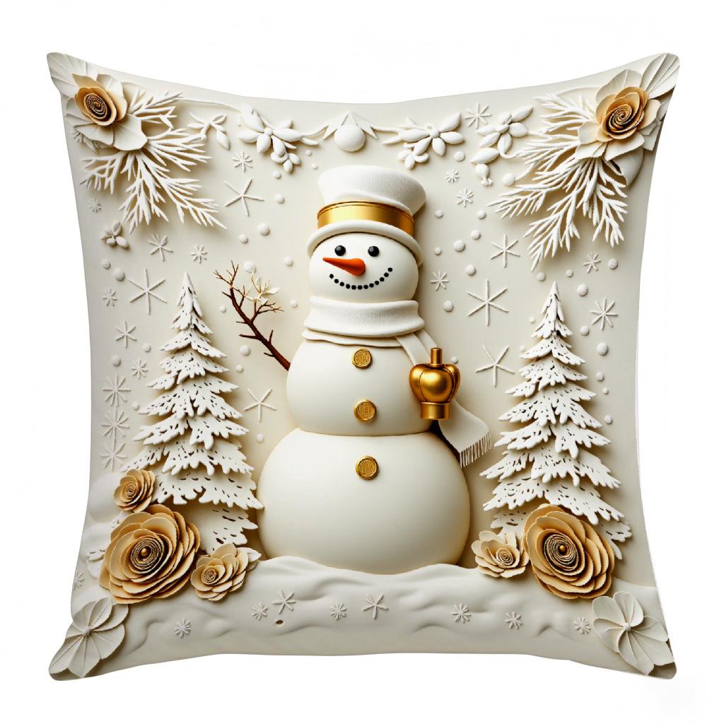 Goldener weihnachtlicher Kurzplüsch-Kissenbezug mit Schneemann-, Rentier- und Baum-Design - Festliche Heimdeko-Kissenhülle