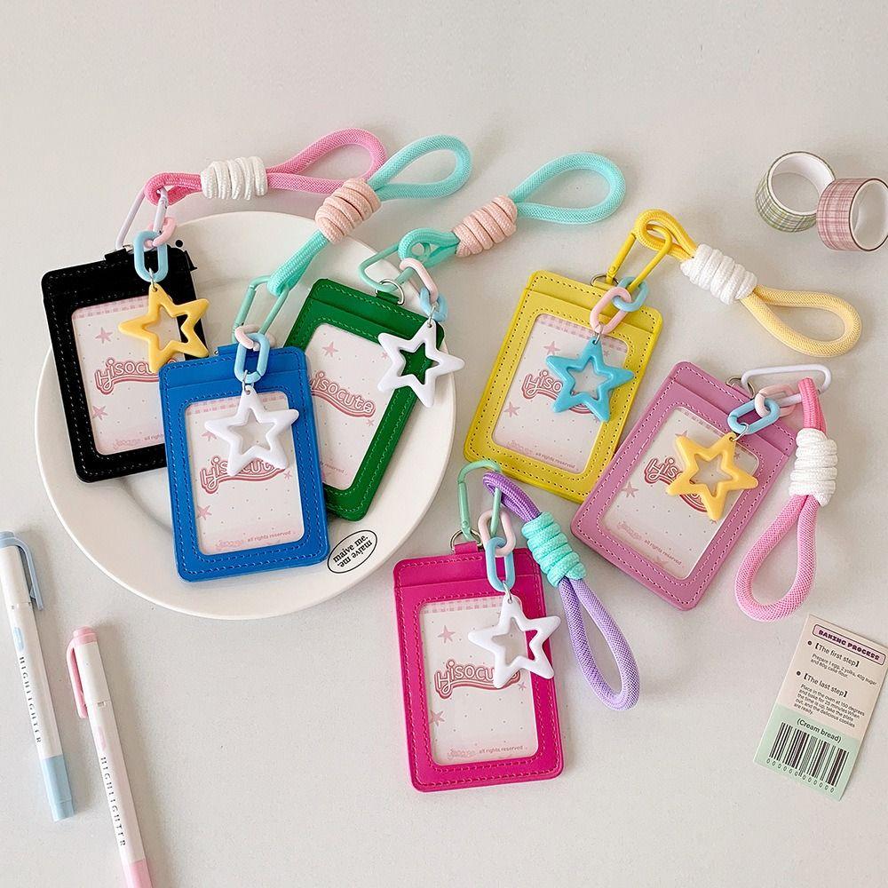 Dopamine PU Leather Card Holder Double Card Slot with Star Pendant ID Card Card Holder Photos Protective Cover