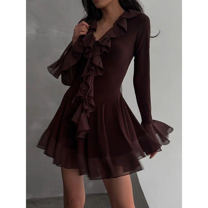

European and American Sexy V-neck Frill Bell Sleeve Mesh Dress V-Neck Flared Sleeve Dress Brown S
