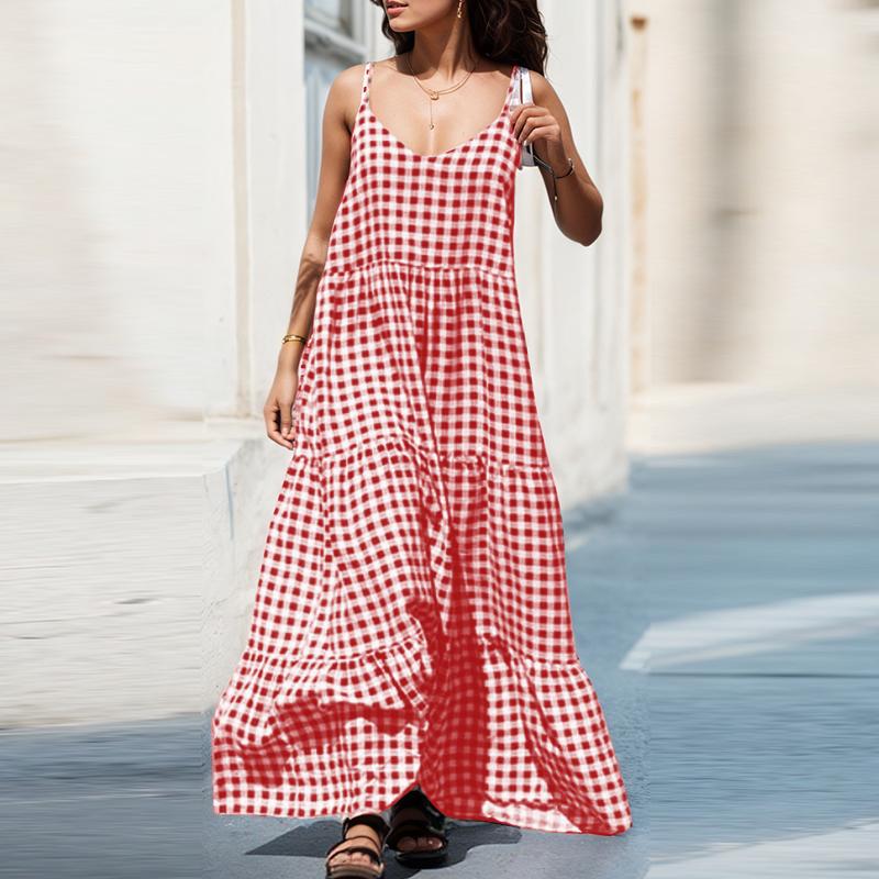 

ZANZEA Женское повседневное летнее платье-комбинация без рукавов с принтом «клетка» на бретельках красный