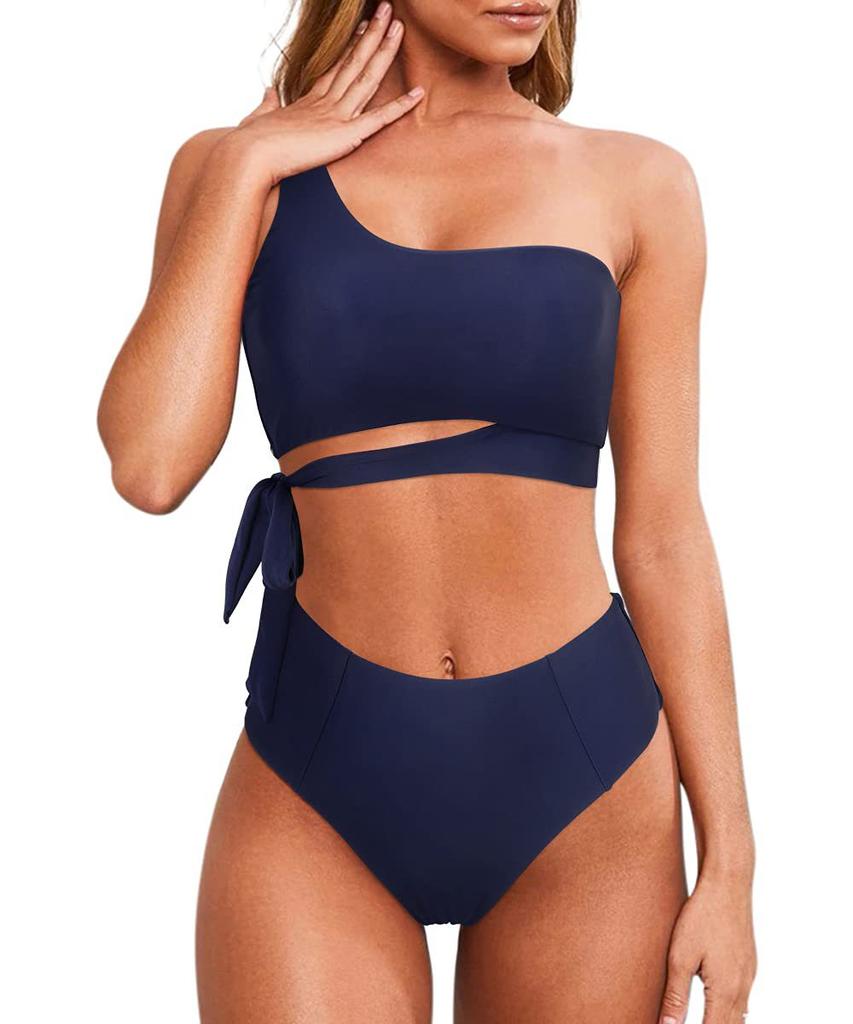 Cikini Ein-Schulter-Bikini-Set für Damen, Zweiteiliger Badeanzug, Einfarbige Sommer-Strandbademode, Badeanzug für Damen