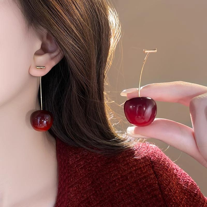 Red Big Cherry Long Earrings Light Luxury Niche Design High-end Temperament Earrings Autumn and Winter Explosion Simple Stud Ear