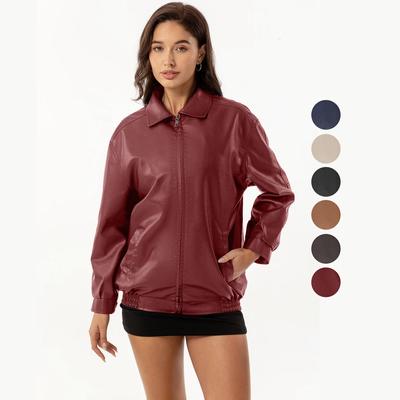 Chaquetas de mujer de piel sintética de manga larga con solapa y cremallera, chaqueta holgada para otoño y primavera, chaquetas estilo aviador para motocicleta, ropa informal para salir de vacaciones
