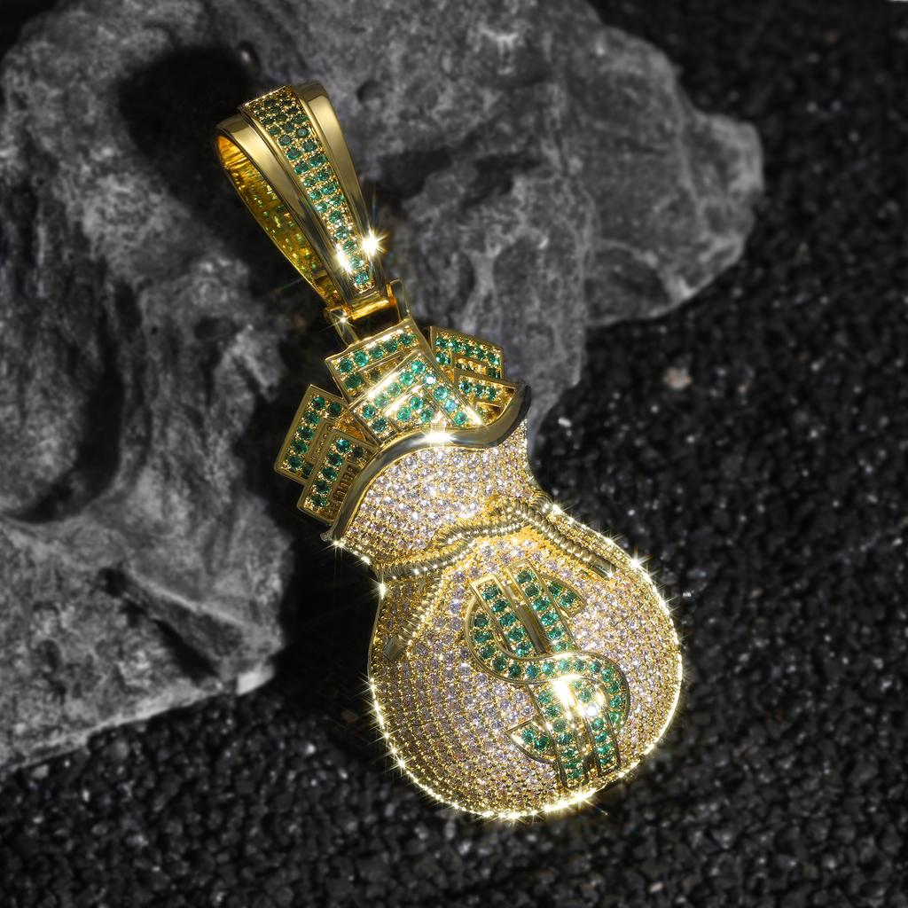 Money Bag Pendant 14K Gold Plated CZ Hip Hop Dollar Purse Charm Fashion Necklace Jewelry for Men Women