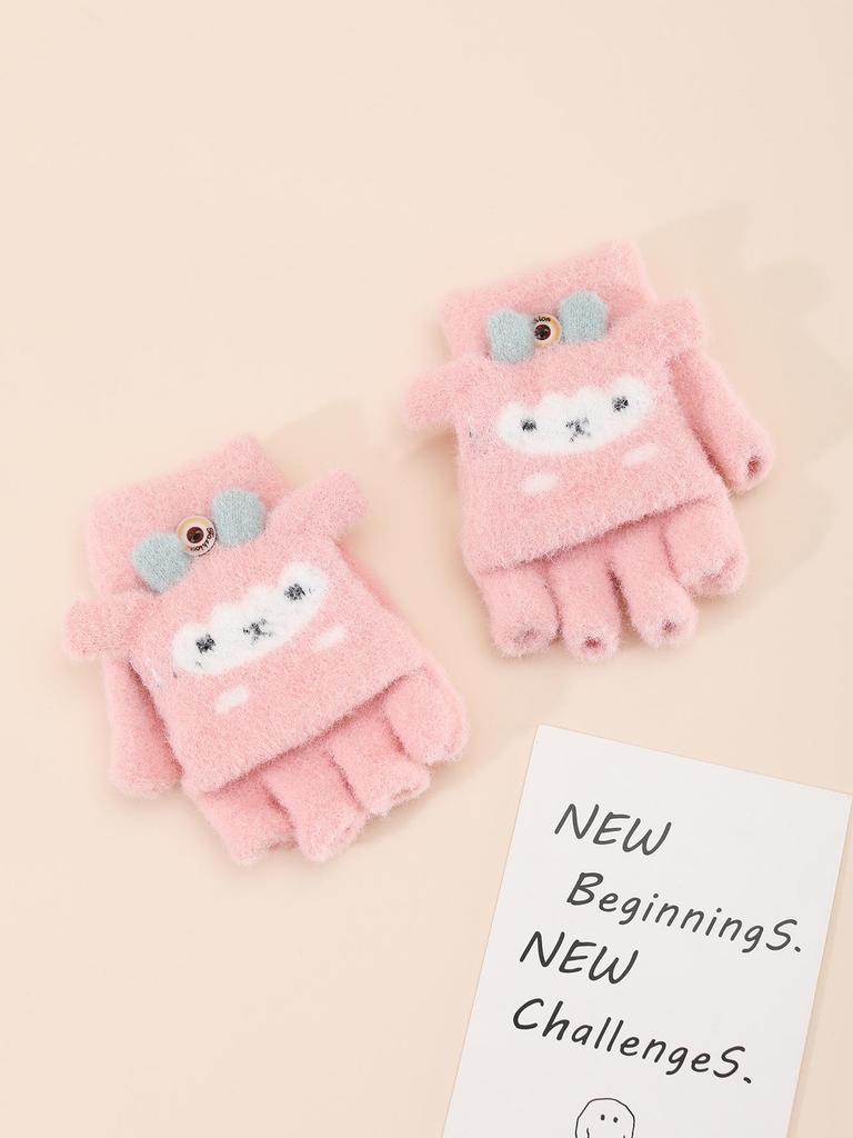 New Little Sheep Cartoon Kids Convertible Warm Wool Gloves - Half-Finger Design, Thick and Cozy for Children