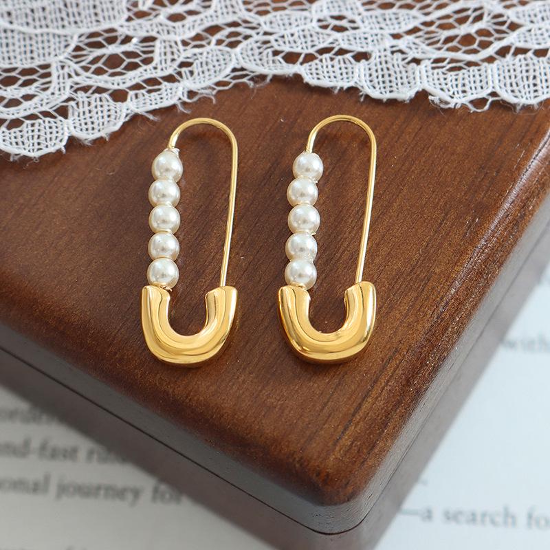 European & American Retro Style Paperclip Faux Pearl Titanium Steel 18K Gold-Plated Earrings