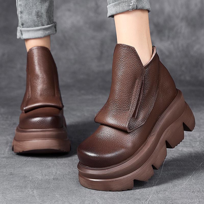 Fashion GKTINOO Handmade Wedges Boots Platform Women Genuine Leather Short Boots Round Toe Height Increasing Thick Sole Ladies Shoes
