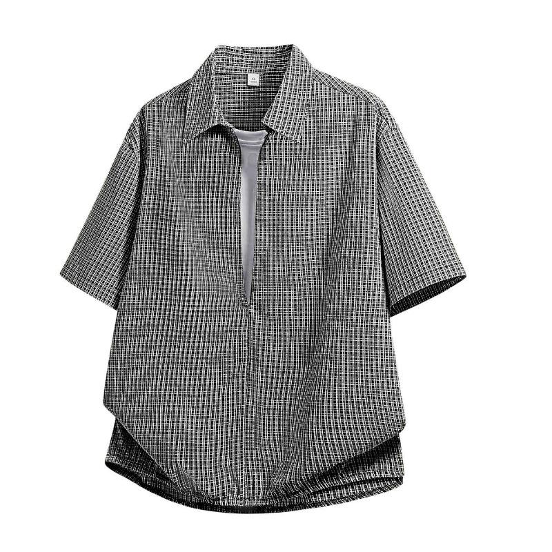 Casual Korean Style Plaid Short-sleeved V-neck Shirt M чёрный