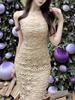 Elegant Women's Lace Evening Gown - Waist-Cinching, Hollow Floral Design