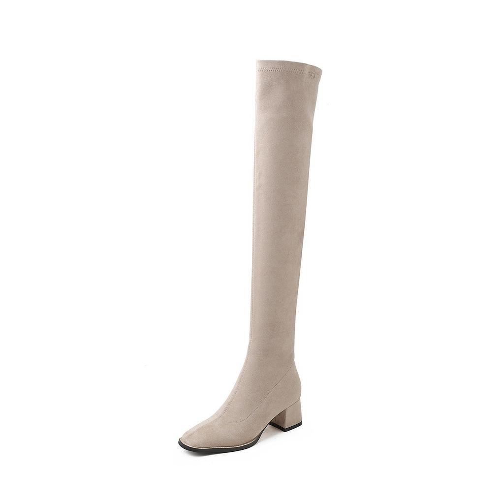 First encounter with Ji Square Head Thick Heel Over Knee Long Boots Elastic Skinny Boots Khaki Long Boots Skinny