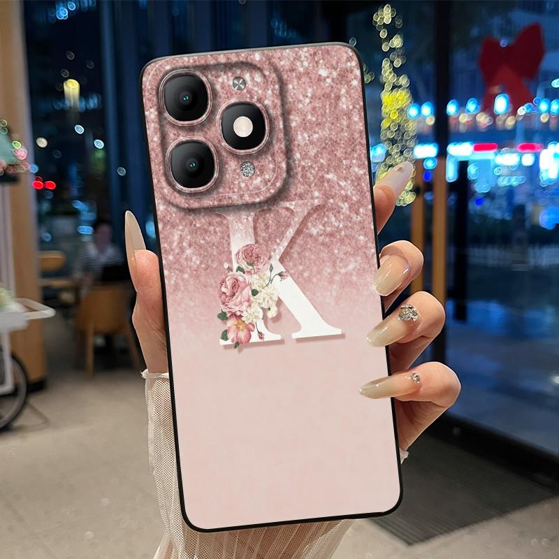 Fashion Design Initial Letter With Flower Pattern Phone Case For Itel A90 Soft Silicone Anti-scratch Black Couple Casing
