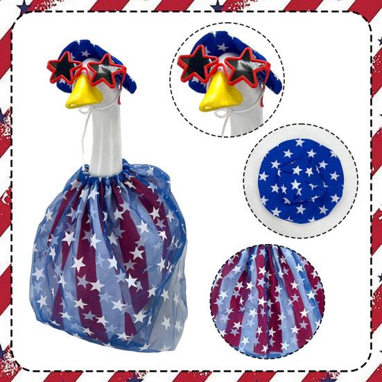 1 Set 4th July Goose Outfit, Stars And Stripes Goose Dress Star Sunhat Sunglasses, Patriotic Porch Goose Costumes Set for 23-Inch Goose Statue Holiday