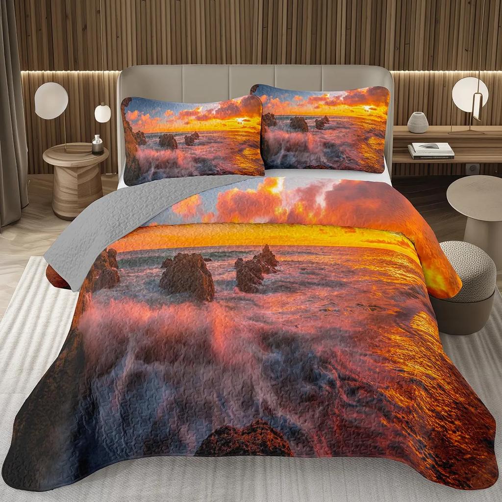 Natural Scenery Bedspread, Sunrise Landscape Coverlet Set,Twin Full Queen King Quilted Bedding Set for Girls Teens Women Bedroom