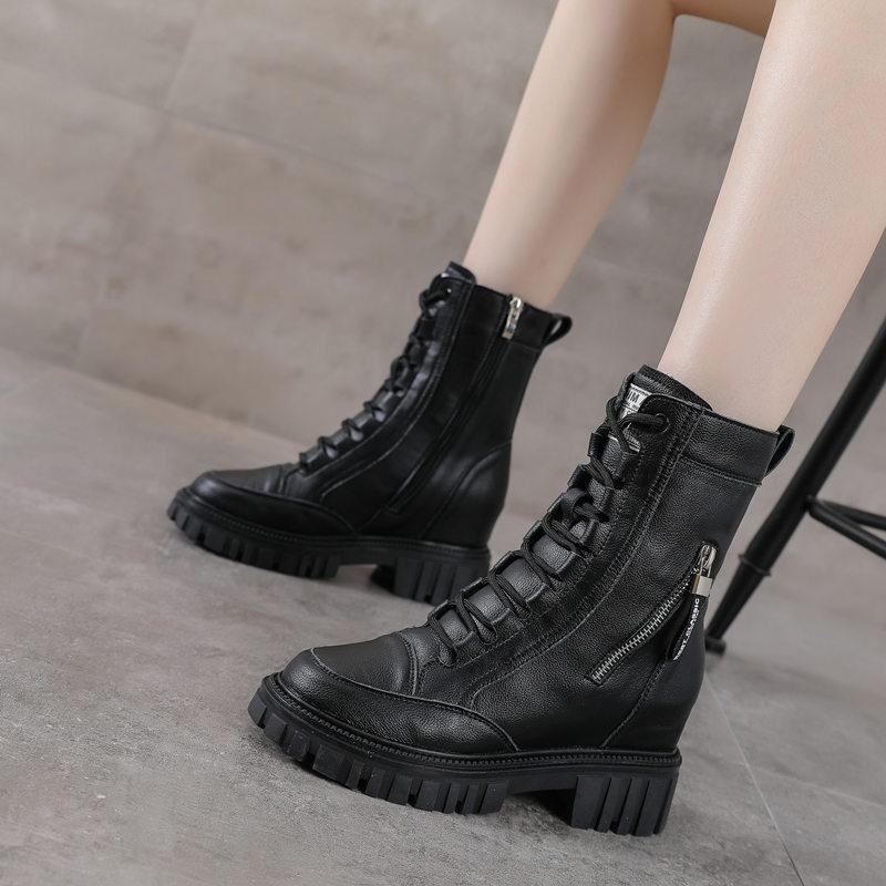 Inner Height Increasing Martin Boots Women's Spring Short Boots Casual Platform Heel Medium Boots Women's Shoes