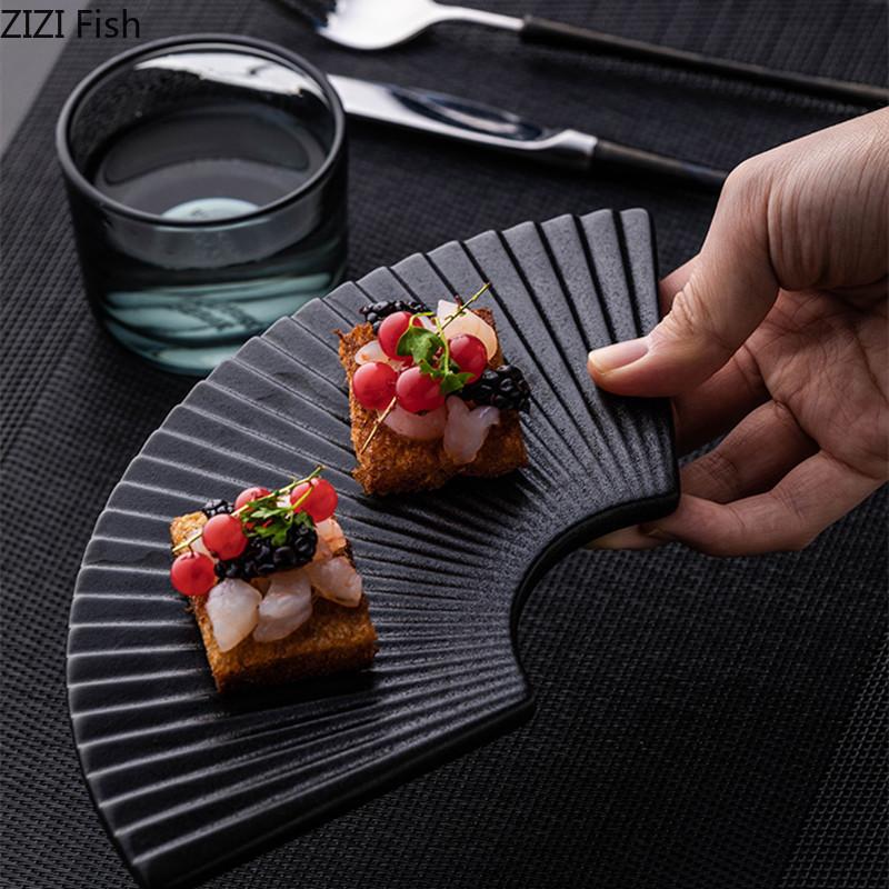 Fan-shaped Striped Plate Restaurant Creative Sushi Plate Afternoon Tea Cake Dessert Decor Plate Home Breakfast Ceramic Tableware