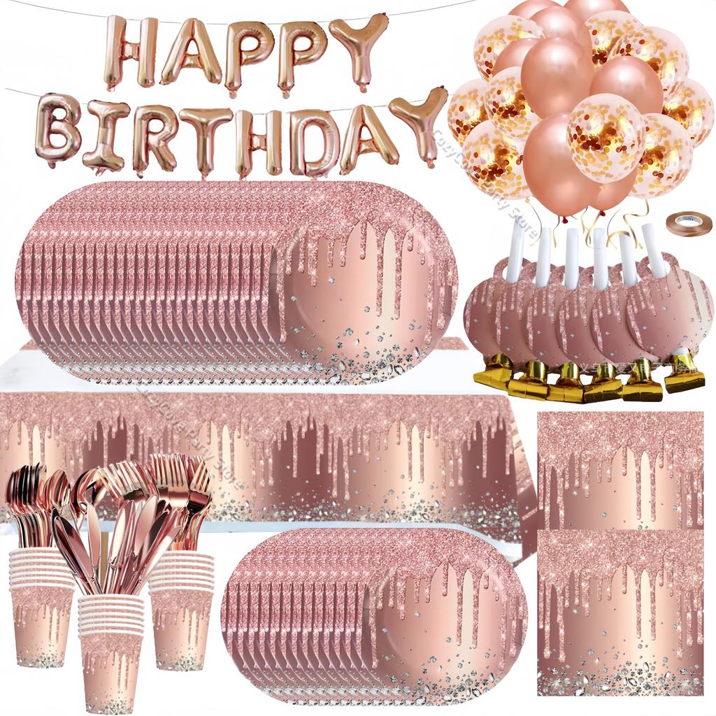 Roségold Themenparty Dekoration Geschirrset Diamant Glitzer Teller Tasse Luftballons Für Hochzeit Mädchen Kinder Geburtstagsparty Zubehör