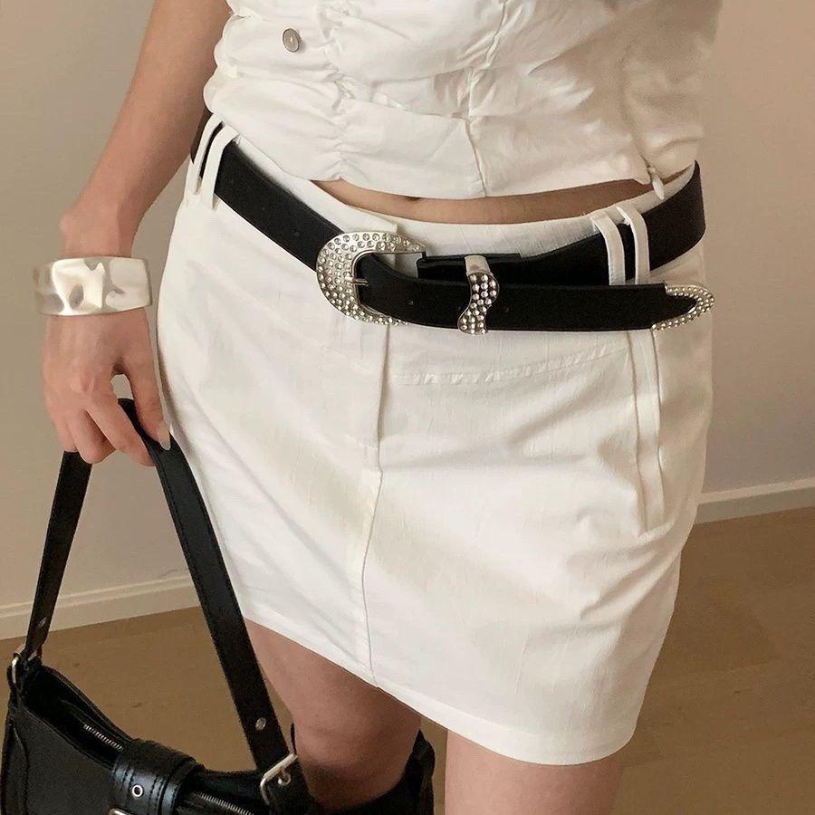 Women's Rhinestone Leather Belt - Y2K Style Black Belt for Jeans 