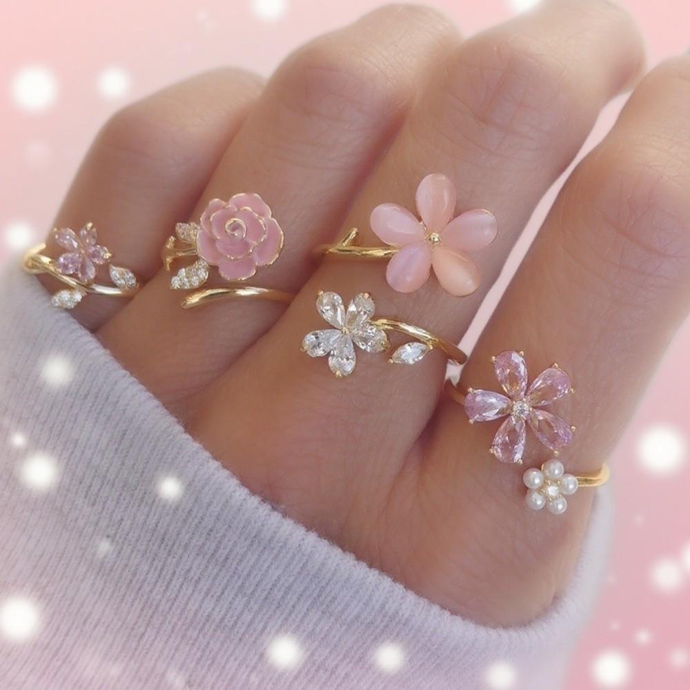 4 pcs Crystal Rhinestone Flower Rings Simple Finger Jewelry Sweet Opening Finger Ring  Gifts