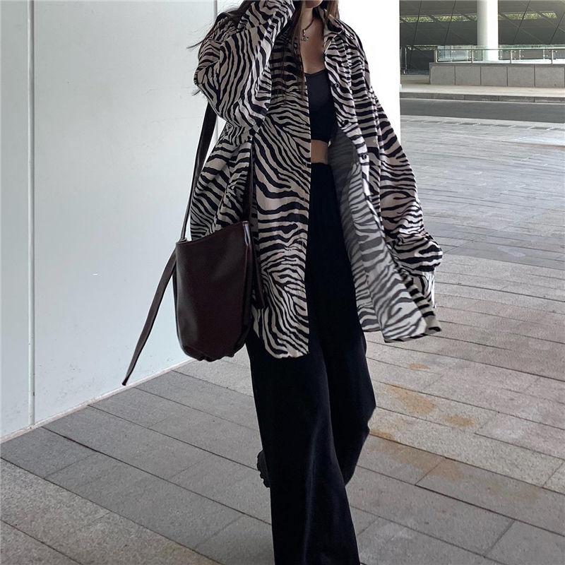 Retro Zebra Print Shirt for Women Baggy Blouse Streetwear Korean Style Black Long Sleeve Tops for Girl