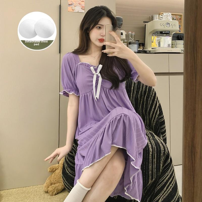 Women Short Sleeve Nightgowns With Chest Pads Female Summer Solid Homewear Young Girl Sweet Nightdress Casual Loose Loungewear