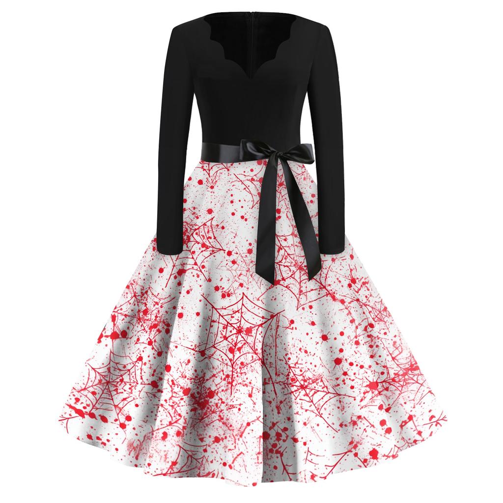 Women's Casual V Neck Halloween Print Vintage Dress Long Sleeve Retro Swing Skirt Belted Waistline Classic Fit Flared Hem