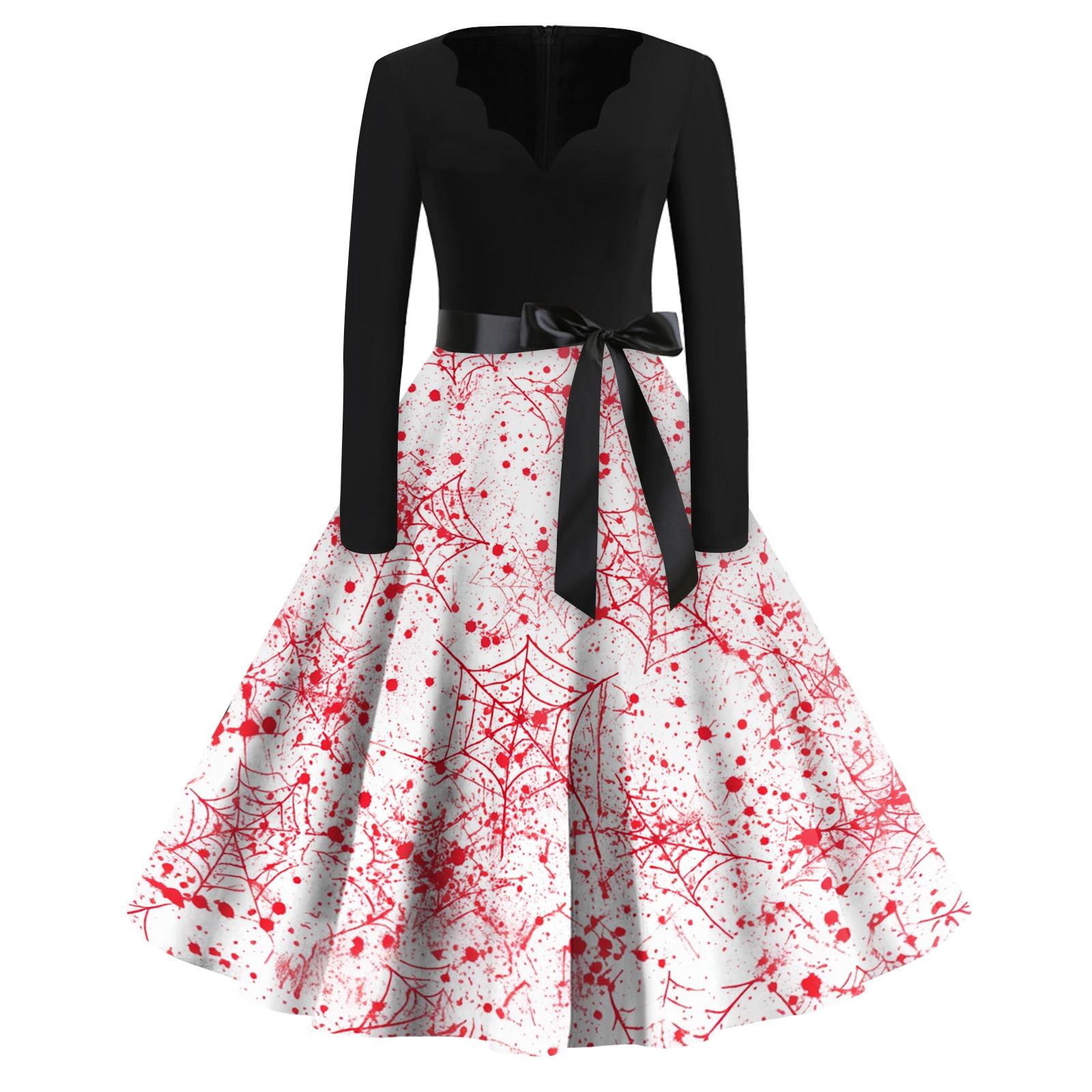 Women s Casual V Neck Halloween Print Vintage Dress Long Sleeve Retro Swing Skirt Belted Waistline Classic Fit Flared Hem M красный