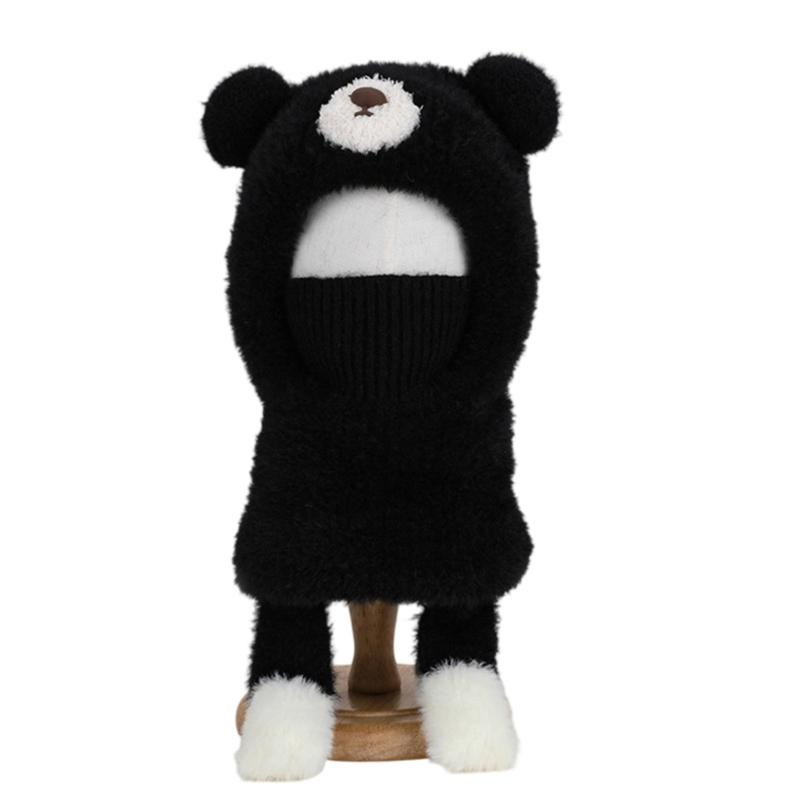 Children Face Cover Brimless Hat Neck Warmer With Cartoon Bear Design Pullover Earflap Hat For Toddler Skiing Hiking