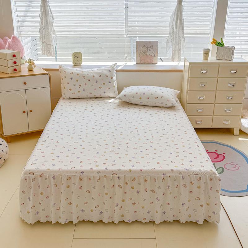 Sleeping Grid A-class Cloud Feeling Cotton Wrinkled Yarn Double-layer Yarn Bed Skirt
