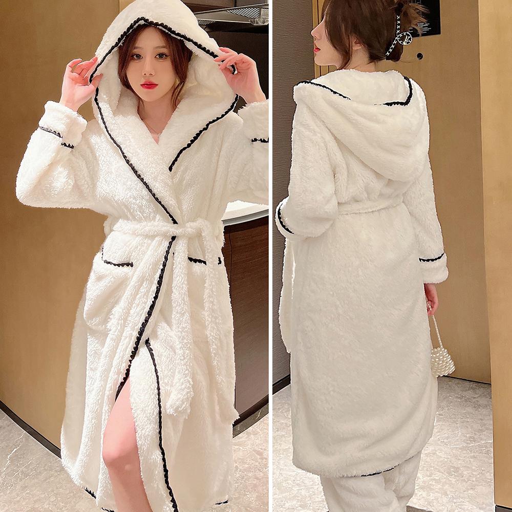 Plush Coral Fleece Sleepwear Two Piece Set Winter Thick Long Robe Pajamas Hooded Bathrobe Nightgown Loose White Flannel Homewear