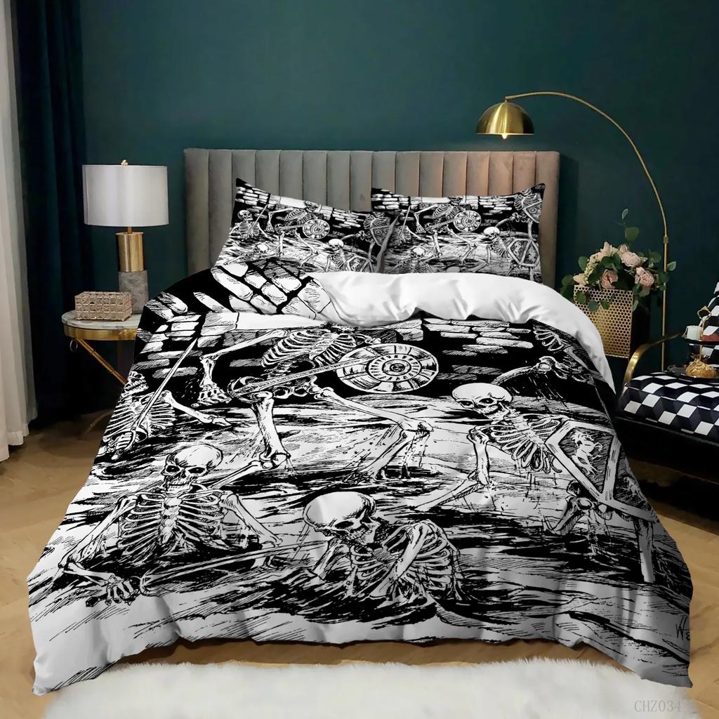 Skull Duvet Cover Gothic Floral Bedding Set Lotus Flower Sketch Comforter Cover Retro Leaf Skeleton Bones Polyester Quilt Cover