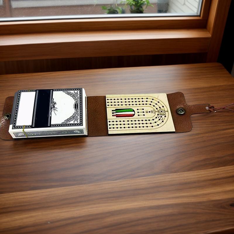 Folding Cribbage Board Game Set Fun Table Game with Wooden Board Faux Leather Case Classic Cribbage Game with Full Deck of Cards