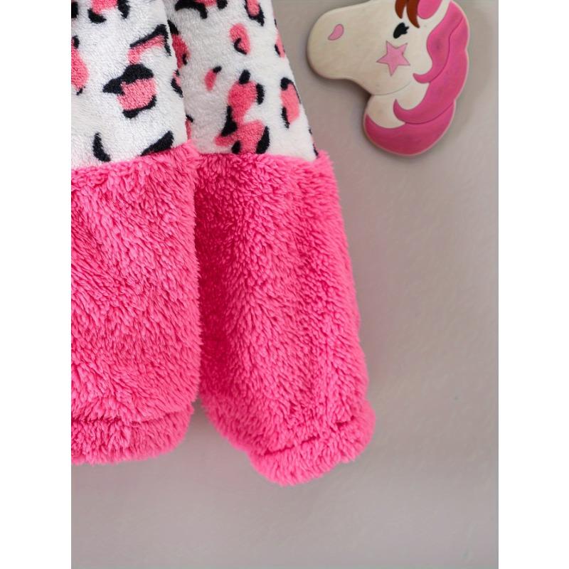 Cozy & Cute Girls' Leopard Print and Pink Fleece-Lined Zip-Up Hoodie Jacket - Warm, Thick Polyester Blend for Autumn/Winter, Long Sleeves,Casual Style