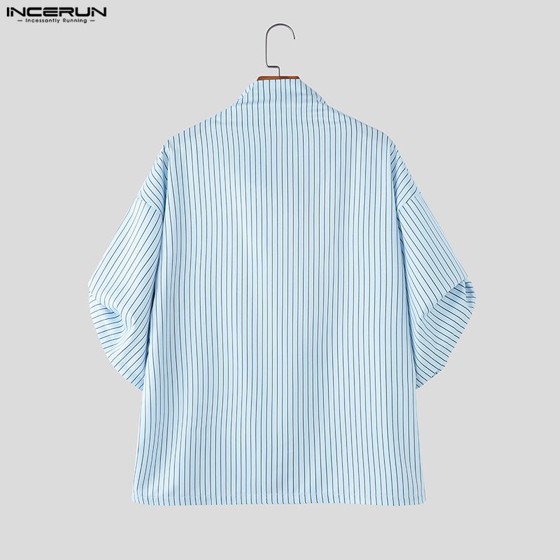 INCERUN Oversized Men Swing Collar Half Sleeve Striped Casual Loose Shirts