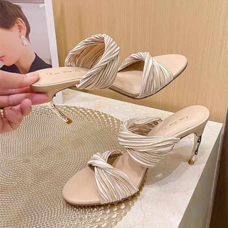 Fashion Elegant Satin Designer Women Slippers Sexy Open Toe Thin Stiletto Heel Slide Sandals Summer Fashion Party Dress Shoes Sandalias
