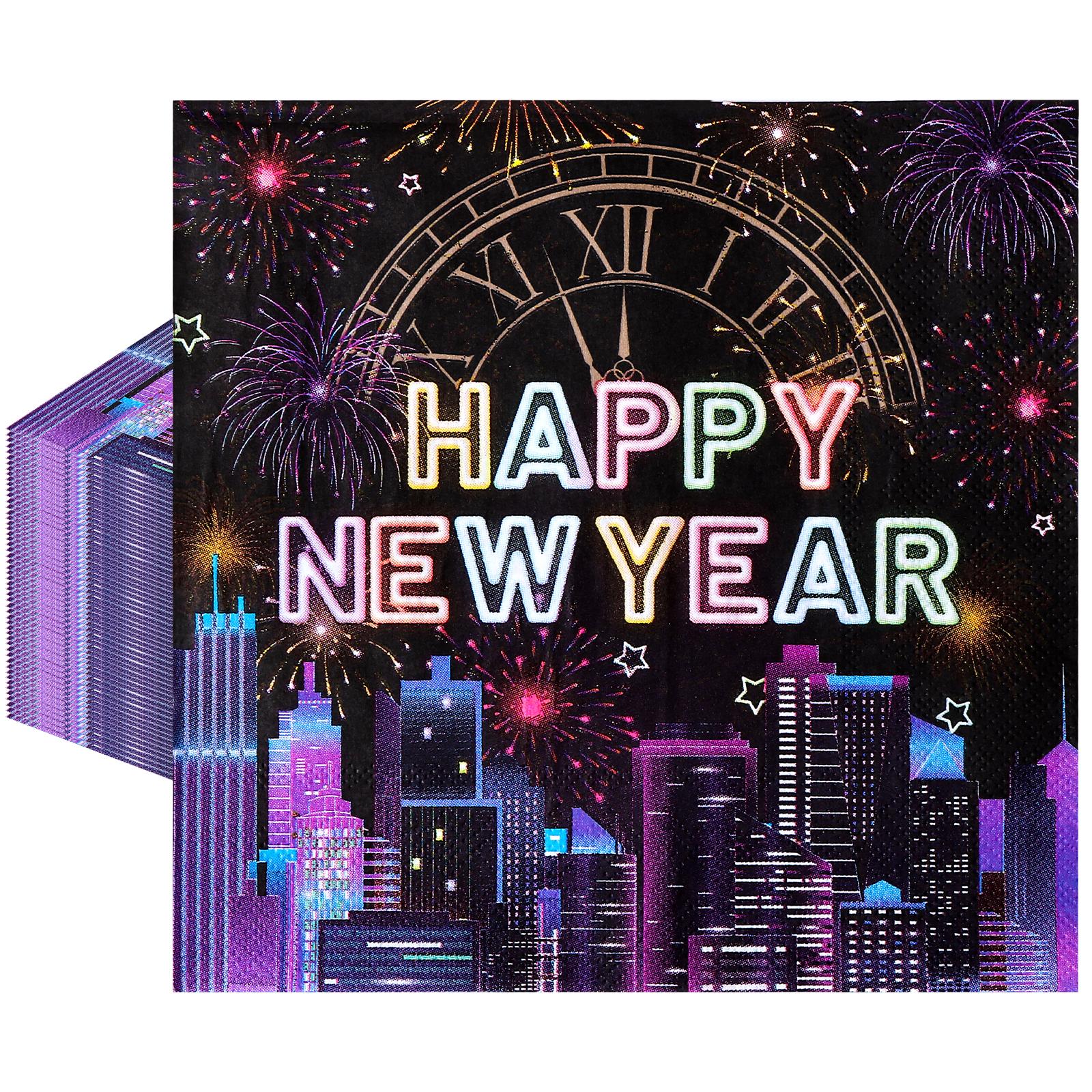 

48Pcs Colorful Happy New Year Napkins 2026 New Years Eve Party Table Decorations Serviettes Papers Cocktail Dinner Disposable Na A