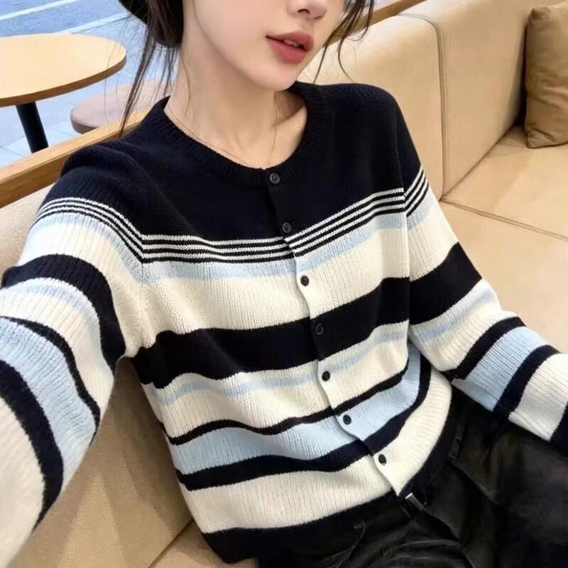 Vintage Preppy Color-Block Striped Knit Cardigan