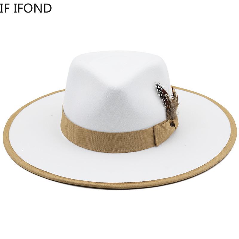 2022 New Feather Band Felt Fedora Hats for Women Wide Brim Men Formal Jazz Hats Panama Church Wedding Dress Hat Chapeu Feminino