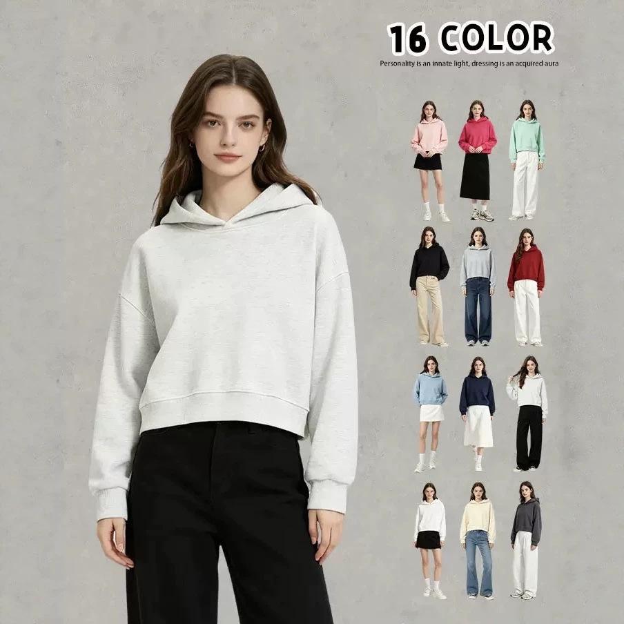 Silver Fox Velvet Women's 450g Heavyweight Hooded Sweatshirt - Short, Trendy Drop Shoulder Pullover for Autumn/Winter