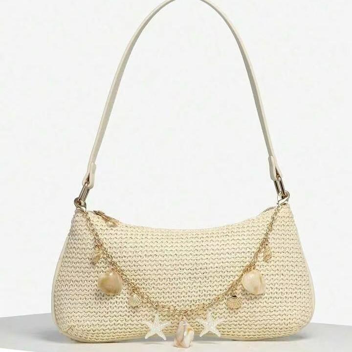 

Summer New Fashion Shell Shoulder Bag for Women, Pearl Straw Texture Underarm Handbag, Casual Commuting Crossbody Bag for Daily Use