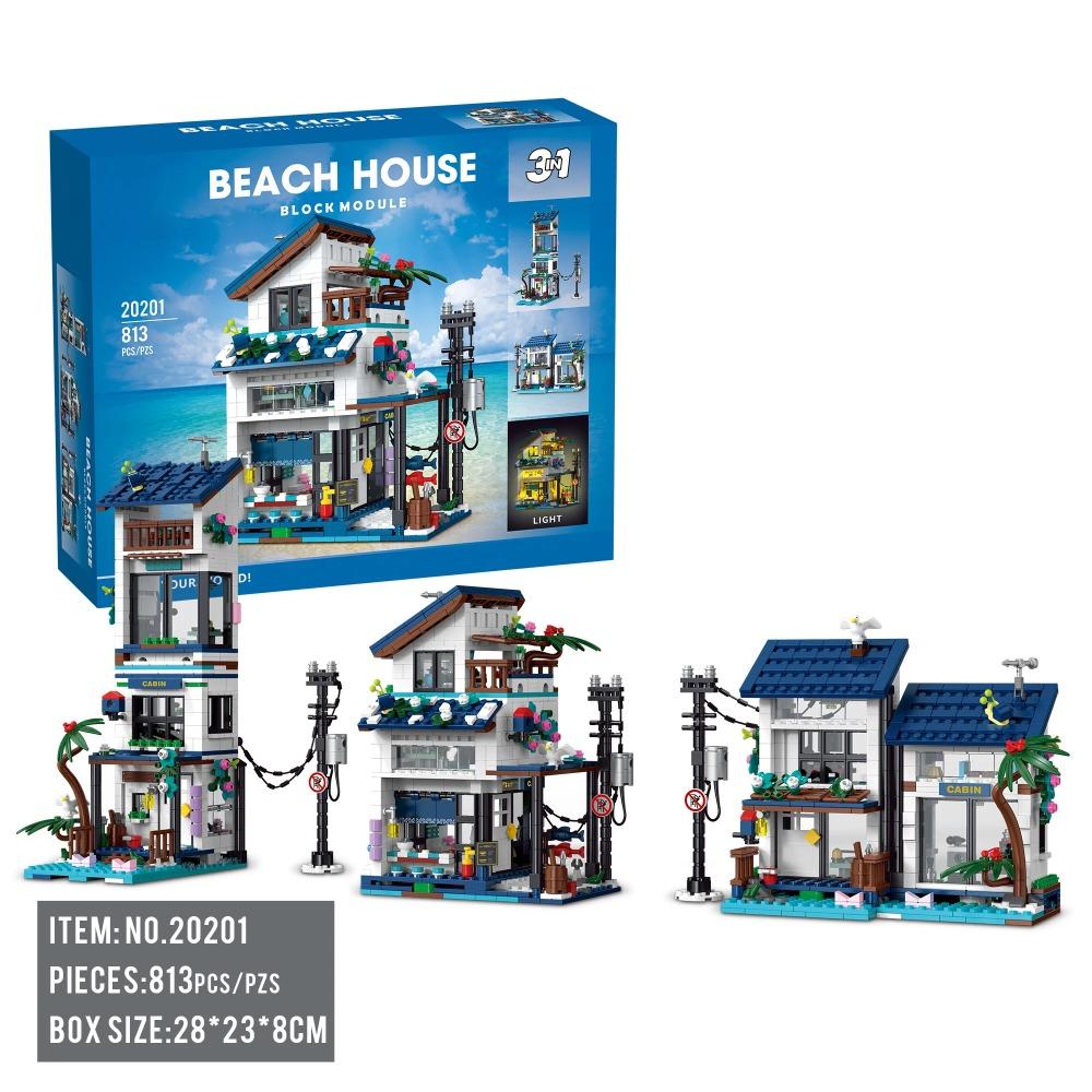 3 In 1 Beach House Building Toys Kit with Light, Kid's Educational Building Blocks Sets Birthday Gift for Kids Girls, 813 PCS