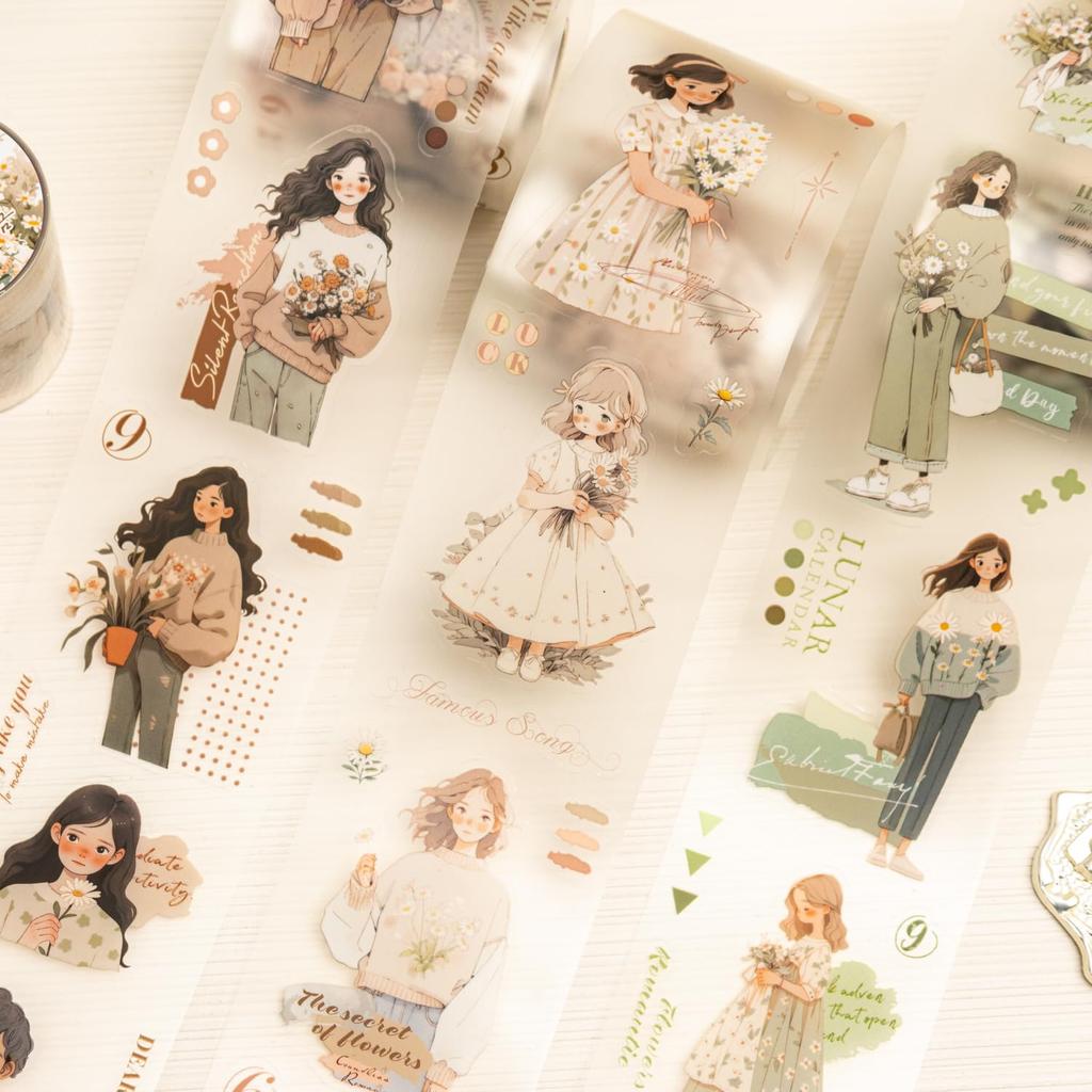 Alideco Masking Cute Retro French Rustic Girl 55mm Wide x 2m PET Adhesive Wide Stylish Masking Sticker 6-Pack Tape, Design, Clear, Water-Resistant