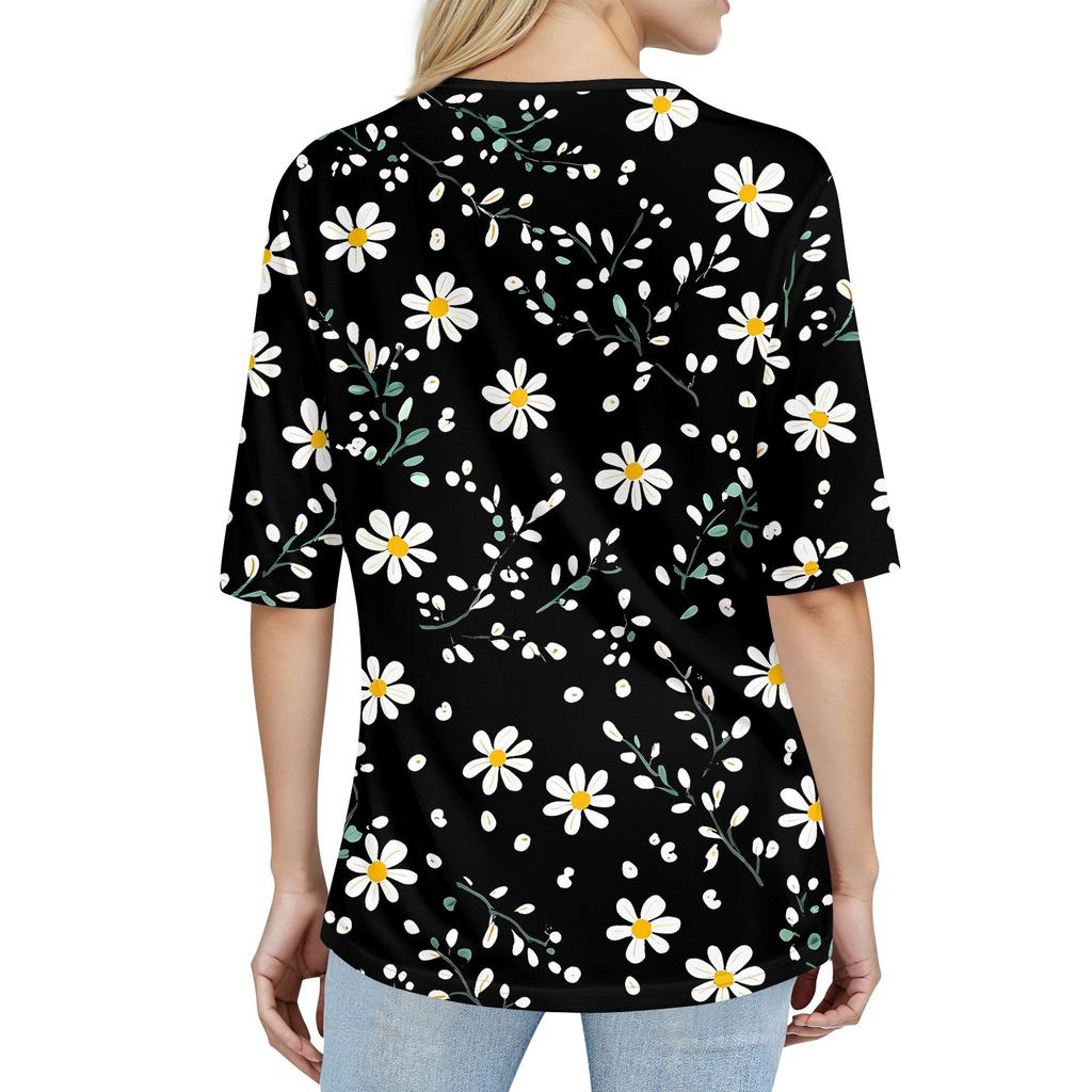 Shirts For Women Trendy Round Neck Button T Shirts Printed  Blouse Half Sleeve Tops For Women