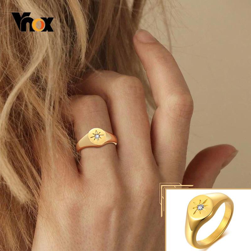 Vnox Star Stamp Ring for Women, Gold Color Stainless Steel Signet Round Top Ring with AAA CZ Stone, Chic Minimalist Heavy Ring