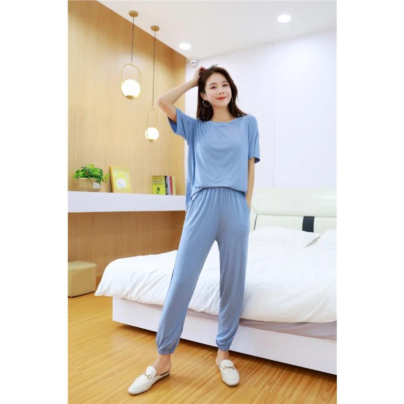 Frühlings- und Herbst-Modal-Pyjama-Set für Damen, große Hauskleidung, lockerer zweiteiliger Sommer-Pyjama, Schlafanzug für Damen