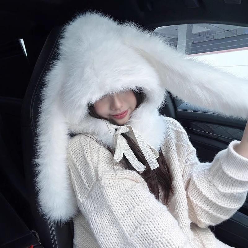 New Imitation Fox Fluff Hat Children's Autumn and Winter Enlarged Version Long Rabbit Ear Hat Scarf Integrated Neck Cover Hat Women