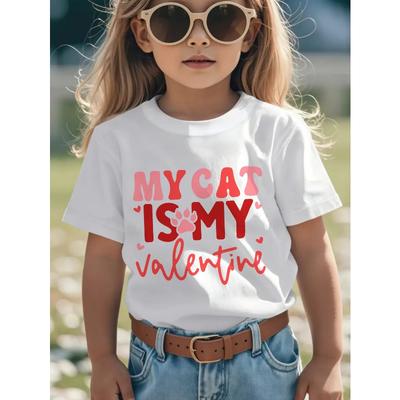Europäische Größen Mädchen Valentinstag T-Shirt Meine Katze Ist Mein Valentin Pfotenabdruck Design Süßes Feiertags Schuloutfit Geschenk für Kinder