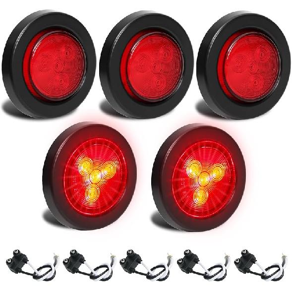 5Pcs 2 Inch Round Led Red Trailer Marker Lights, Led Side Marker Lights With 2 Prong Plug, IP67 Waterproof Clearance Lights For Truck Camper RV
