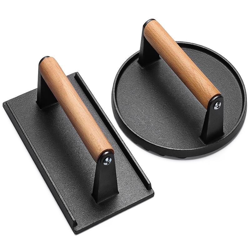Cast Iron Grill Press Bacon Steak Sandwich Weighted Meat Press Wood Handle BBQ Grilling Accessories Kitchen Gadget Tool