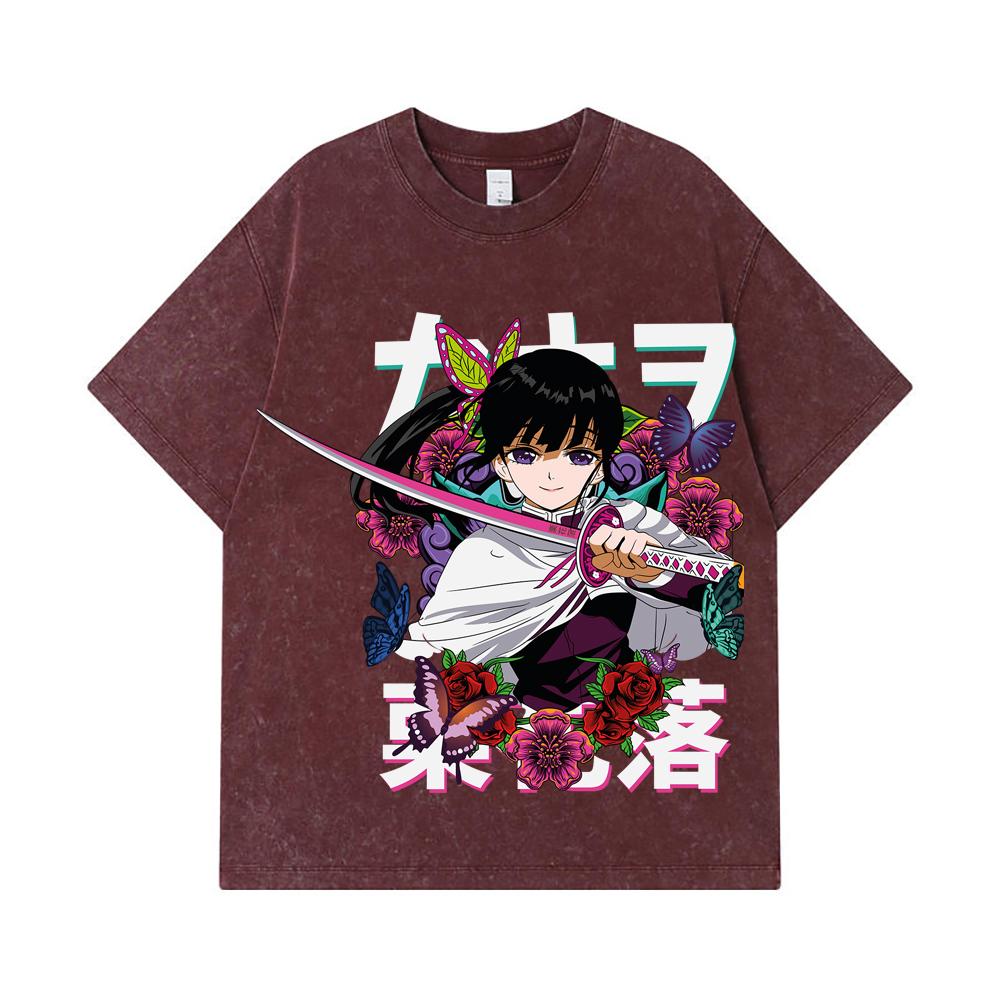 GSM Washed Tshirts Cotton Demon Slayer V Kanao Print Unisex Heavy Cotton T Shirt S